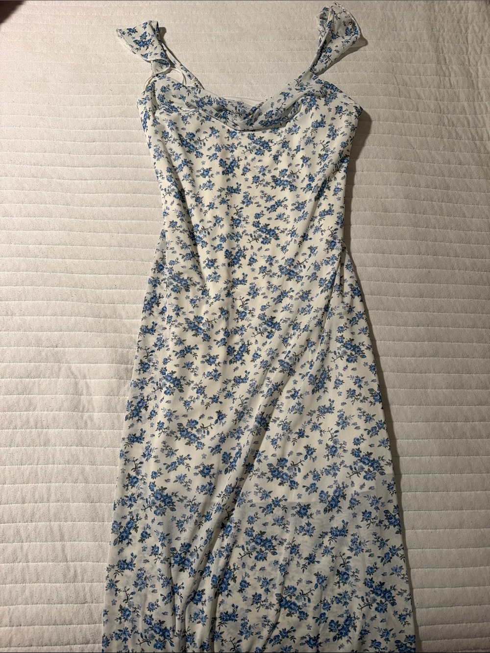 Sleeveless White Dress with Blue Floral Print